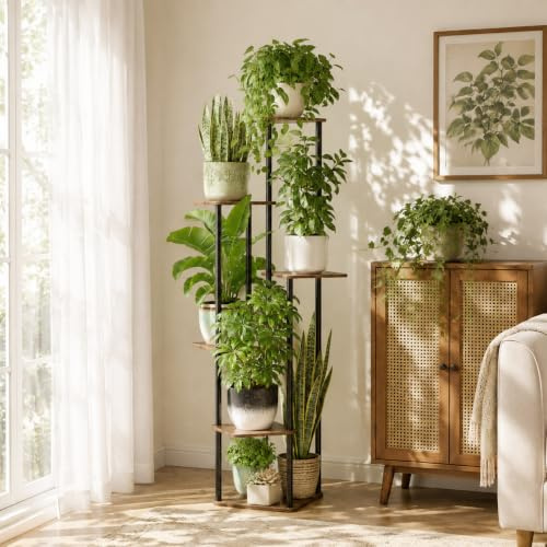 Plant Stand Indoor Tall Metal Corner Shelf for Multiple Plants, Plant Shelf Suitable for Garden, Balcony, Living Room, Bedroom (6 Tier-Walnut&Black)