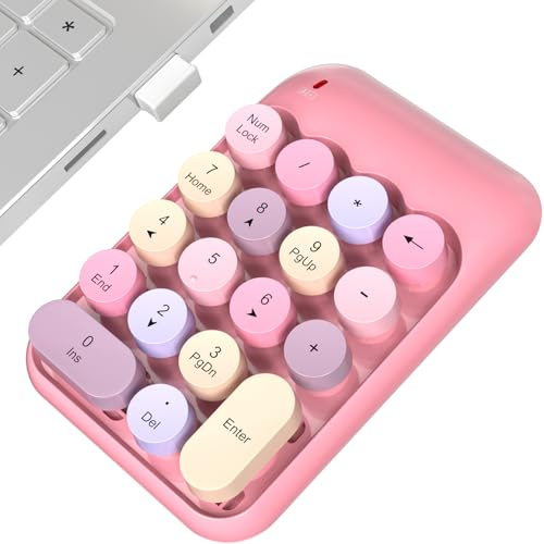 MOWUX Wireless Number Pads, Cute Colorful Numeric Keypad Numpad Portable 2.4 GHz Financial Accounting Number Keyboard Extensions, 18 Key Number Numpad for Laptop Desktop, PC (Pink)