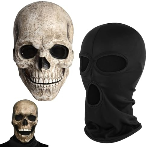VireEyU Realistisk halloween dödskalle mask med mobil käke och svart balaclava | skrämmande heltäckande skelettmask i naturlig latex, perfekt för halloween och cosplay