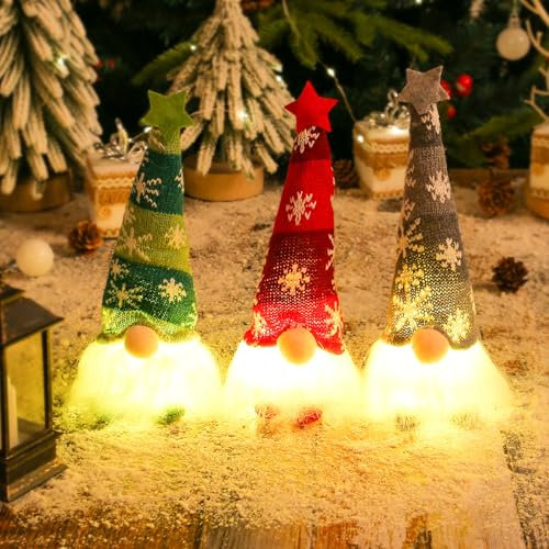 GUBOOM 3 Pezzi Gnomo Natale con LED, Gnomi Natalizi Luminosi, Gnomi Natalizi con LED, Decorazioni Natalizie Gnomi con Cappello, Natalizie Gnomo Decorazioni, Gnomo Natalizio Illuminato (B)
