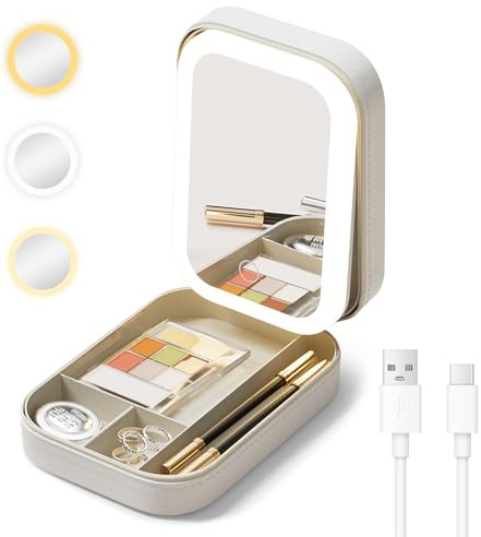 Cuteefun Sminkspegel med ljus, bärbar spegel med smyckesorganisatör, LED-ljus med 3 färger, pekskärmsdämpning, USB-uppladdningsbar, perfekt för sovrum, badrum, resor, vit
