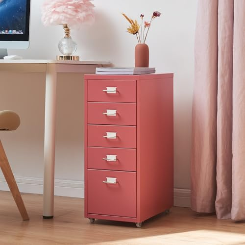 [en.casa] Kontorslåda 5 lådor rullande förvaringsskåp organisatör för dokumentmappar med etiketthållare kontorsmaterial robust modernt stål 69 x 28 x 41 cm vattenmelonröd