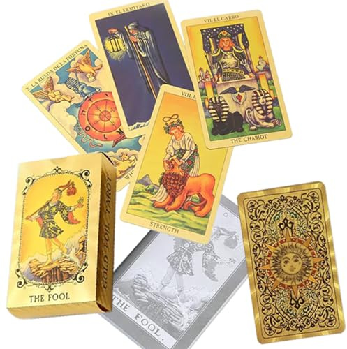 Bonhoom Tarot Waite para Principiantes, con Libro Guía en Español e Inglés, 78 Cartas Tarot de lámina Dorada para Coleccionar, PVC, Resistente al Agua y a Las Arrugas (Dorado)