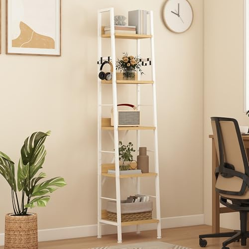 DWVO Narrow Tall Bookcase 5 Tiers, Industrial Ladder Shelf Bookshelf Wooden Shelves and Metal Slim Thin Book Rack Modern Shelving Unit for Living Room, Hallway, Office, White and Oak