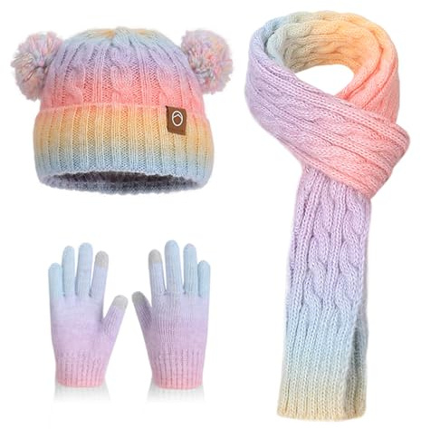 AYPOW Bambini 3 in 1 Set di Cappello e Scaldacollo Touch Screen Guanti per 4-10 Anni,Caldo Berretto in Maglia Degradato con Pompom,Invernale Sciarpa Guanti con Fodera in Pile per Ragazzi Ragazze