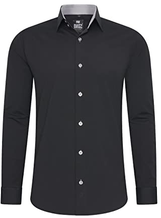 Rusty Neal Camicia da uomo Premium Slim Fit a maniche lunghe Stretch Grigio Colletto Kent Camicia Business Camicia Tempo Libero M, nero/grigio, M