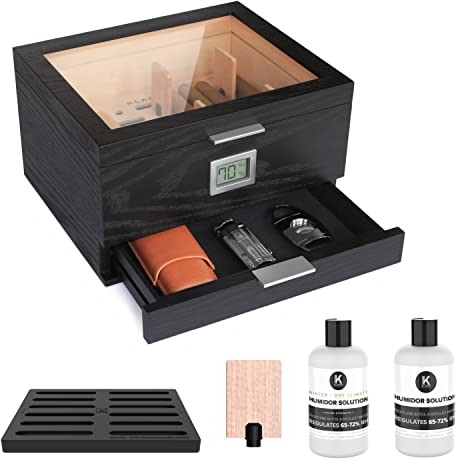 CASE ELEGANCE Primera - Humidor, con igrometro digitale frontale, cedro spagnolo, sistema idro – contiene 25 – 50 sigari di Klaro (Black)