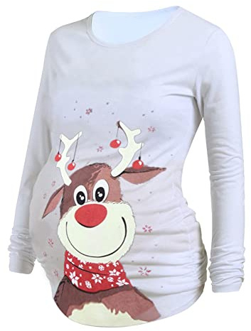 DAY8 Vêtement Femme Enceinte Hiver Pas Cher a la Mode Pull Femme Enceinte Noël Atuomne Chemise Femme Enceinte Manche Longue Printemps Maternité T Shirt Grossesse Tunique Haut Tops Blouse (XXL, Blanc)