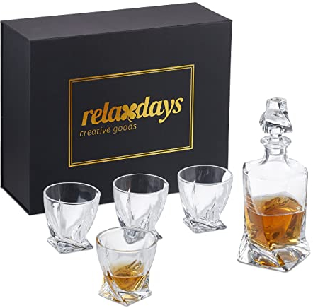Relaxdays Set de Whisky 5 Piezas, Decantador 600 ml, 4 Vasos 300 ml, Cristal, Gin o Coñac, Caja Regalo, Transparente, 10 Centimeters cm