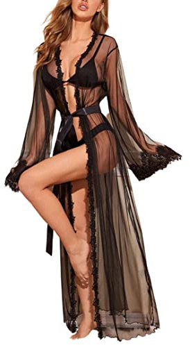 ROSVAJFY Mujer Vestido Kimono Largo Transparente Lenceria Bata de Encaje Larga Malla Camisón Pareos Cover Up Bikini Playa Encubrir Vestidos Ropa de Dormir Bata Cardigan con Cinturón