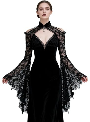 L'VOW Lace Bolero Shrug Gothic Flared Arm Sleeves Crop Top Open Front Victorian Lace Sleeves Witch Cosplay(Black,L)