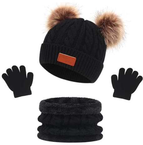 MAILEKT Mütze Schal & Handschuh-sets für Mädchen & Jungen, 3 in 1 Warme Wintermütze Schlauchschal StrickHandschuhe Set, Bommelmütze Kinder Schal Set Geschenk für Kinder 2-6 Jahre