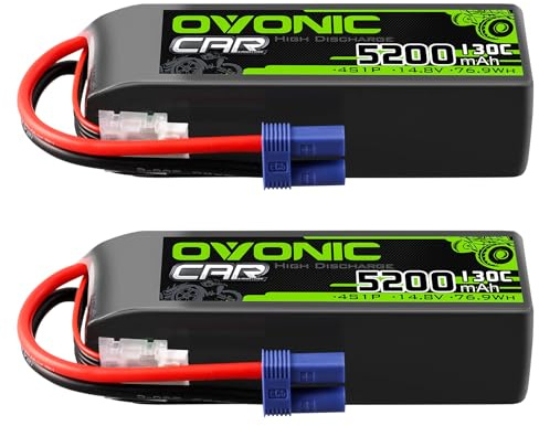 OVONIC Batteria Lipo da 4 s, 14,8 V, 5200 mAh, 130 C, con spina EC5, per auto RC, Truggy, quadricottero, elicottero, camion, barca, aereo (2 pezzi)