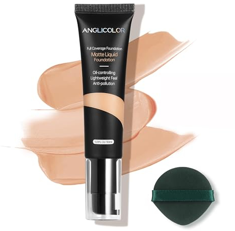 Anglicolor fond de teint,Coverage fond de teint poudre,Matte/Waterproof/Long Lasting,Full Coverage fond de teint couvrant imperfections (104 Buff Beige)