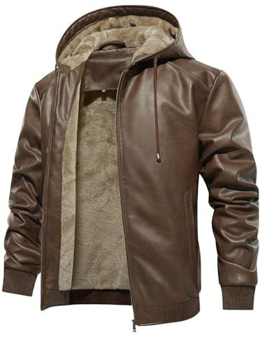 Uusollecy Veste Cuir Homme avec Capuche Doublure Chaude en Cuir Synthétique et Coupe-Vent Style Moto avec Fermeture Éclair,Marron,2XL