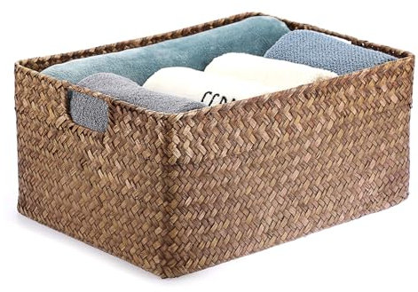 IGNPION Cesto portaoggetti aperto in alghe marine, cestini decorativi per soggiorno, cesto per asciugamani in vimini intrecciato, rettangolare, organizer per bagno, mensole e scrivanie, cesto