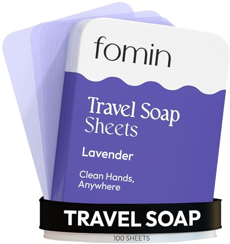 FOMIN - Antibacterial Paper Soap Sheets for Traveling - 100 Lavender Portable Hand Soap Sheets for Travel in Tin - Dissolvable Mini Portable Travel Soap Sheet for Hand Washing, Camping and Hiking