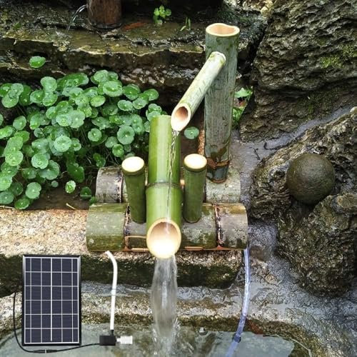 Fontaine d'eau solaire en bambou naturel, caractéristique de cascade de jardin décorative à l'air dernière intervention avec panneau solaire, fontaine en bambou, buse japonaise, 100 % faite main
