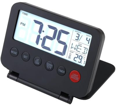 Digital Travel Alarm Clock, Alarm Clocks Bedside with Backlight Calendar Temperature Snooze, Mini Portable LCD Display Clock, Small Folding Battery Operated Desk Clocks for Home(Batteries Not Included