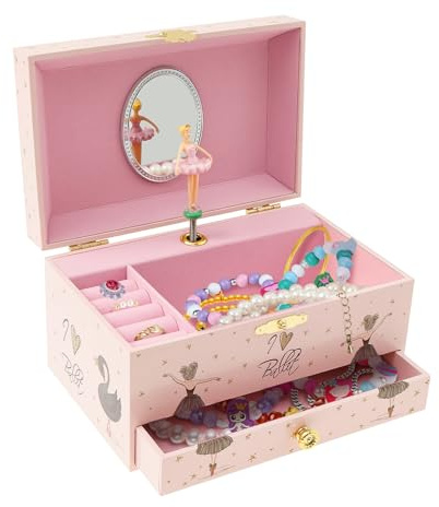 Alongen Musical Jewellery Box for Girls, 2 Layer Kids Dancing Music Box with Mirror Jewelry Organizer with Drawer Bracelet Ring Holder Case for Girls Kids Present(Pink)