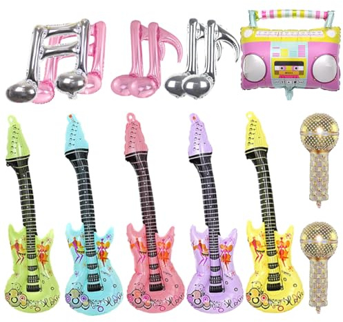 Set de 14 globos musicales inflables, incluyendo guitarra inflable, micrófono, altavoz y notas; accesorios de fiesta inflables; globos de foil