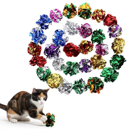 Xindojuz 30 Pack Crinkle Cat Toy, 2.36 Inch Polyester Film Interactive Crinkle Balls for Cats, Colorful Paper Chew and Chase Crinkles Balls Toys for Indoor Cats Pets Kittens to Keep Fit Active