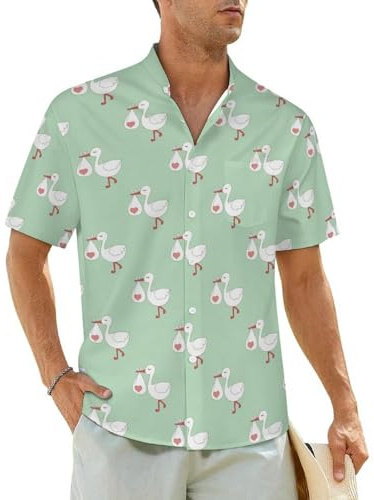 JOJOART Men's Short Sleeve Shirt Stork Carrying Bag Casual Button Down Shirts Stand Up Collar Shirts Vacation Shirt Pocket XL