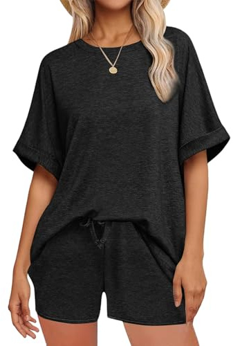 NLAND Mujer Conjunto Chándal 2 Piezas De Pantalones Verano Cortos Con Casual De Camiseta Bolsillos Y Cuello Redondo Top