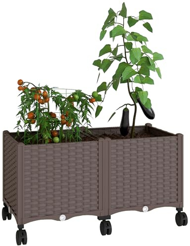 Outsunny Fioriera Rialzata in Plastica 85L, Letto per Orto Rialzato da Esterno con Ruote Bloccabili, Sistema di Autoirrigazione, Fori di Drenaggio, per Piante Rampicanti, Verdure e Fiori, Marrone