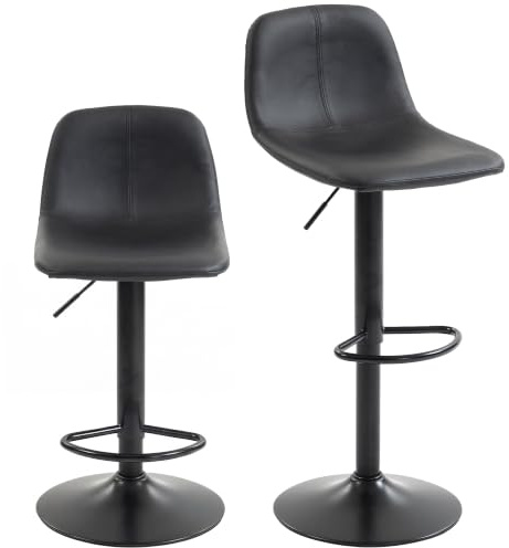 HOMCOM Lot de 2 Tabourets de Bar Hauteur Réglable avec Dossier Noir | Chaises de Bar avec Repose-Pieds, Pivotant 360°, Pieds en Acier, Style Moderne, Tabourets Hauts, pour Cuisine, Salon