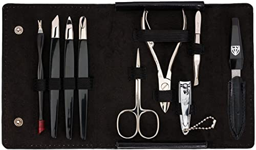 DREI SCHWERTER Germany Maniküreset Nagel Set 'Grosseto' - 9-tlg. aus schwarzem Kunstleder, Inhalt: Hautschere, Nagelzange, Saphirnagelfeile, Nagelknipser, Pinzette und vieles mehr!
