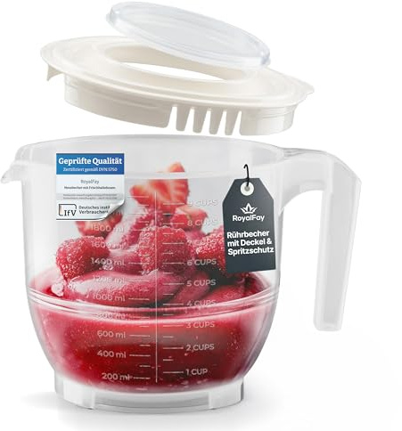 RoyalFay® Messbecher 2,2L weiß – Rührbecher mit Deckel und Spritzschutz – Mixbecher mit Stopboden, Liter- und Cup-Skala – Rührschüssel für Backen, Kochen und Frischhalten