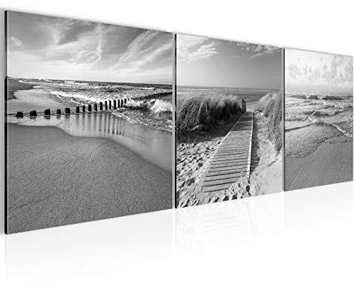 Väggmålningar Strand 3 Delar Bild på non-woven canvas dekorations vardagsrum 90 x 30 cm Panorama Svartvitt 028034c