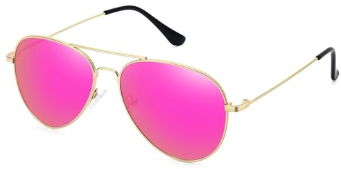 WOWSUN Classic Polarized Aviator Sunglasses for Women Men (Golden Frame Purple Pink Mirrored Lens)