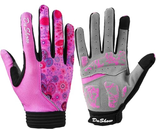 DuShow Women's Full Finger Mountain Bike Riding Gloves - Touchscreen Gel Padded Bicycle & Motorcycle Gloves for Women's Gym, Sport, Workout & Outdoor Activities (Pink Boho, M)