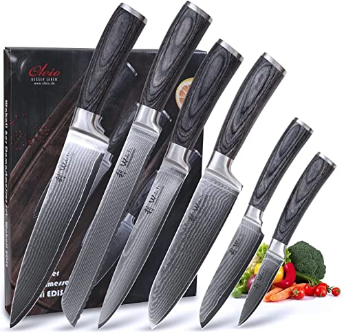 Wakoli Edis Damastmesser Set – 6-teiliges Profi Küchenmesserset, 67 Lagen Damaststahl mit VG10-Kern, 8 cm, 11,3 cm, 17 cm, 17,5 cm & 20 cm Klinge, ergonomische Pakkaholzgriffe, in Geschenkbox