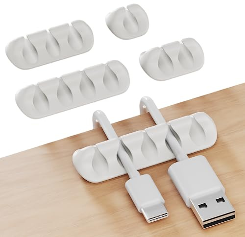 GLUIT Cord Organizer for Desk, Cable Holder for Nightstand, Charger Organizer, Adhesive Desktop Wire Clips, Multislot Cable Management, Table Organizer Accessories - 5 Pack, 15 Slots, White