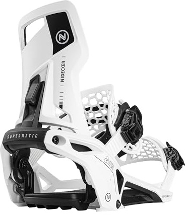 Nidecker Supermatic Snowboard First Universal Double entrée Fixation Automatique Confortable et fiable comme Une Fixation Standard à Deux Sangles Blanc Taille M