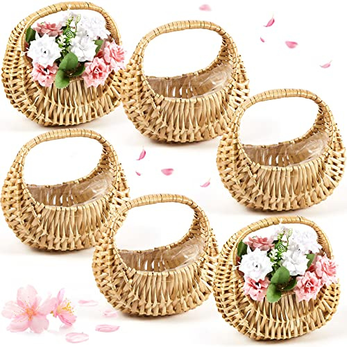 Taiyin 6 Pack Rattan Flower Girl Basket Half Moon Straw Wicker Basket with Handle 6.7 x 6.5 x 4.3 Ideal for Wedding Flower Girl, Picnic, Garden Storage and Home Decor (Nature)