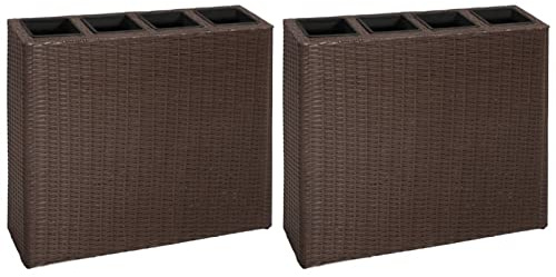 Homgoday 2 STK. Garten Hochbeet mit 4 Töpfen Blumenkübel Blumentopf Pflanzkübel Sichtschutz Blumenkasten Pflanzgefäß Pflanztopf Hochbeet Poly Rattan Braun