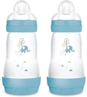 MAM Easy Start Anti-Colic Babyflasche im 2er-Set (260 ml), besonders gut akzeptierte Milchflasche, Baby Trinkflasche mit Bodenventil gegen Koliken & Sauger Größe 1, 0+ Monate, Elefant