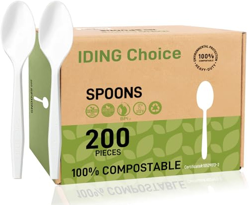 IDING Choice 100% Compostable 200 Count No Plastic Spoons, Plastic Utensils, The Heavyweight Heavy Duty Flatware is Eco-Friendly Products for Lounge Party Wedding Office BBQ Picnic Camping.