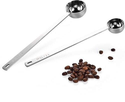 U-Taste Kaffeskopor 18/8 i Rostfritt Stål Set med 2 (15&30ml, Silver) | med 21,5 cm Extra Långt Handtag för Malet Kaffe, Bönor, Pulver, Espresso, för Hög Burk, Burk, Burkar
