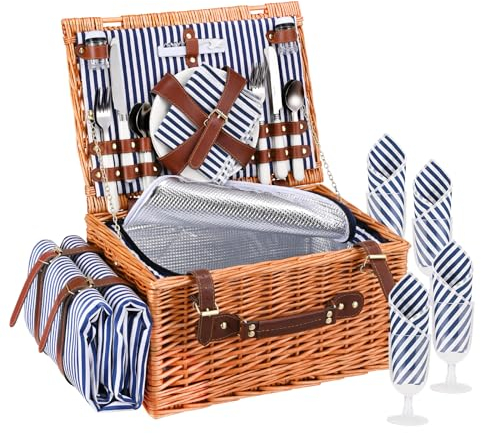 Picknickkorb 4 Personen,Couleeur Wicker Picknickkorb mit Wasserdichter Picknickdecke und Besteckset,Picnic Basket mit Kühlfach für Camping, Outdoor, Party, Strand(Blau)