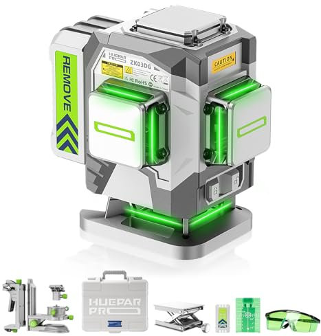 Huepar Pro 360 Self Leveling Laser Tool, 12 Line Highly Accurate Professional Green Tiling Laser Level with 8000mAh Rechargeable Li-ion Battery, Multifunctional Stand and Hard Case ZK03DG