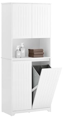SoBuy Mueble Baño Auxiliar con Cesto para Ropa Sucia Armario Lavadero Alto 170 cm Estrecho con 2 Puertas y Estante Abierto Columna Baño Blanca para Almacenaje Compacto BZR150-W