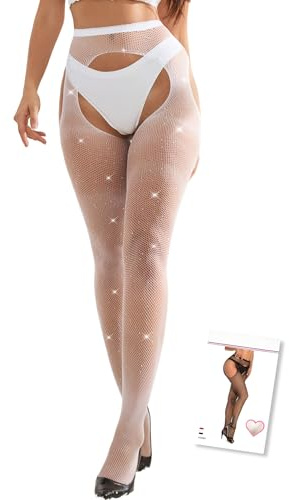 ohmydear Plus Size Rhinestone Fishnet Tights for Women XS-5XL, Sparkly High Waisted Glitter Fishnets, Sexy Mesh Stockings for Party Rave Performance