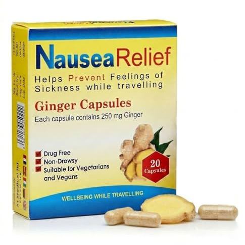 60 NauseaRelief Ginger Capsules, 250 mg, Helps Prevent Sickness and Vomiting While Travelling, Pack of 20X3 Ginger Capsule Food Supliment Capsules