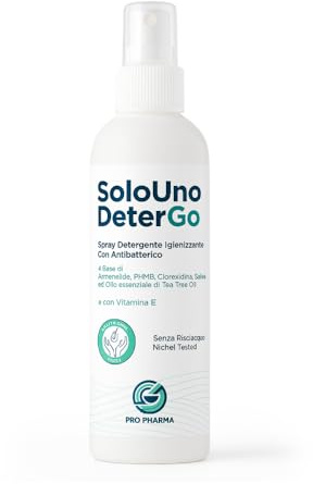 PRO PHARMA® SoloUno DeterGo - Spray detergente igienizzante con Clorexidina, vitamina E, antibatterico, senza risciacquo, per cute e mucose, senza parabeni, flacone da 200 ml