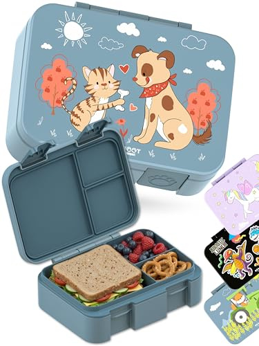 BEARFOOT Barn Lunchlåda med Fack – Kompakt & Lättvikt | Läckagesäker, BPA-fri, Diskmaskinssäker | Handritad Design för Förskola, Skola, Resor (Hund & Katt Blå, 2,6 L)